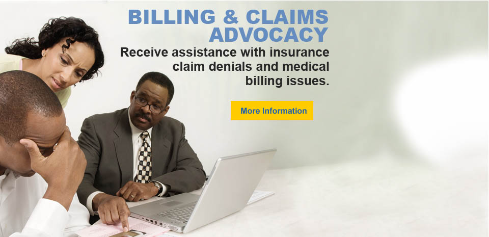 A man sitting at his computer with an advertisement for the billing and claims advocacy.